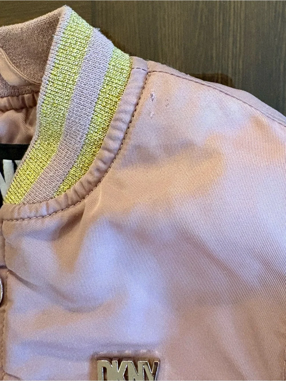 DKNY Bomber Jacket Girls Pink/Blush Size 4T Lined Faux Fur Gold Logo Spring Coat